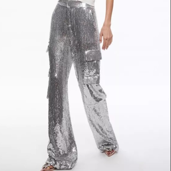 Alice + Olivia Pants - Alice and Olivia- Hayes Silver Sequin Cargo Wide Leg Pants